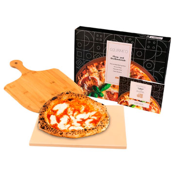 GOURMEO Kit de Piedra para Pizza + Pala de Madera de Bambú