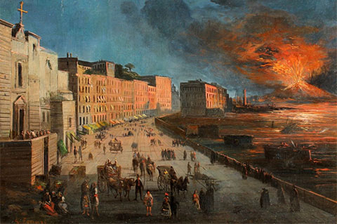 Pintura de Nápoles en el siglo XIX con el Vesubio en erupción